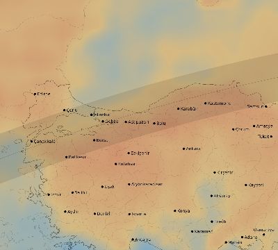Map of the average cloud coverage across Turkey for the solar eclipse of 04/21/2088
