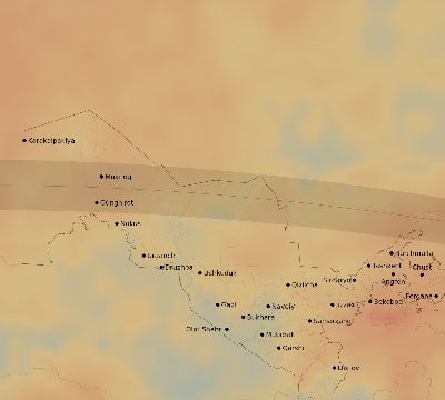 Map of the average cloud coverage across Uzbekistan for the solar eclipse of 04/21/2088