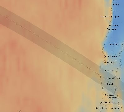 Map of the average cloud coverage across Chile for the solar eclipse of 10/14/2088