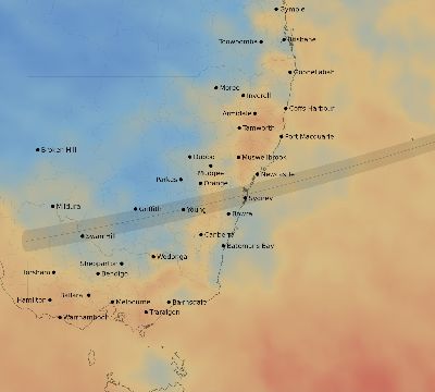 Map of the average cloud coverage across Australia for the solar eclipse of 04/10/2089