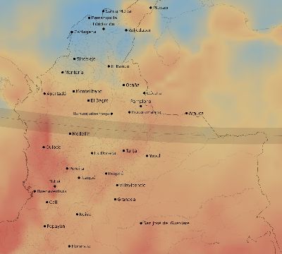 Map of the average cloud coverage across Colombia for the solar eclipse of 02/07/2092
