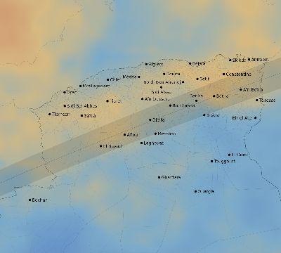 Map of the average cloud coverage across Algeria for the solar eclipse of 02/07/2092