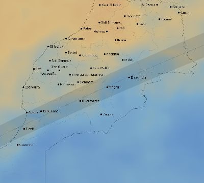 Map of the average cloud coverage across Morocco for the solar eclipse of 02/07/2092