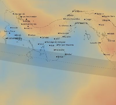 Map of the average cloud coverage across Panama for the solar eclipse of 02/07/2092