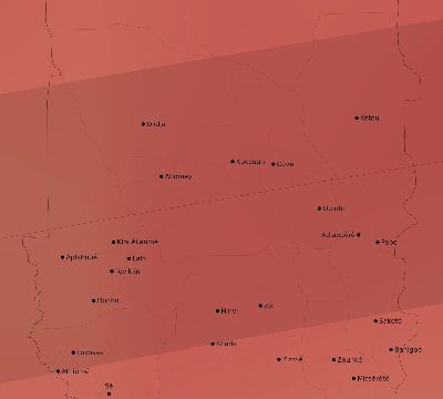 Map of the average cloud coverage across Benin for the solar eclipse of 08/03/2092