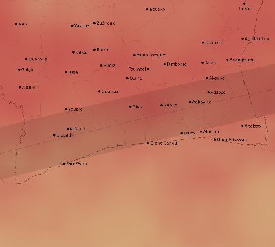 Map of the average cloud coverage across Côte d'Ivoire (Ivory Coast) for the solar eclipse of 08/03/2092