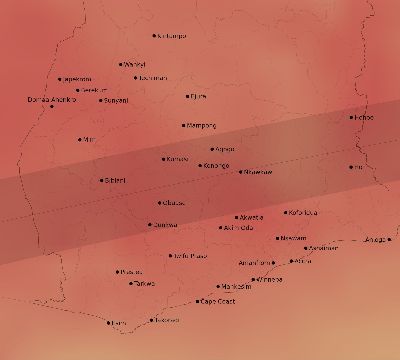 Map of the average cloud coverage across Ghana for the solar eclipse of 08/03/2092
