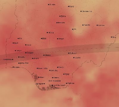 Map of the average cloud coverage across Nigeria for the solar eclipse of 08/03/2092