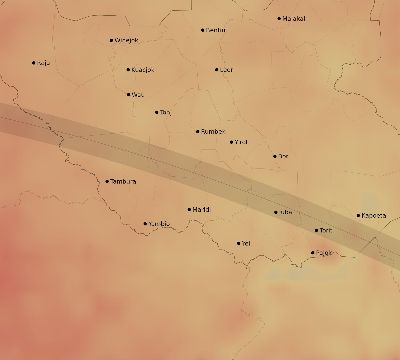 Map of the average cloud coverage across South Sudan for the solar eclipse of 08/03/2092