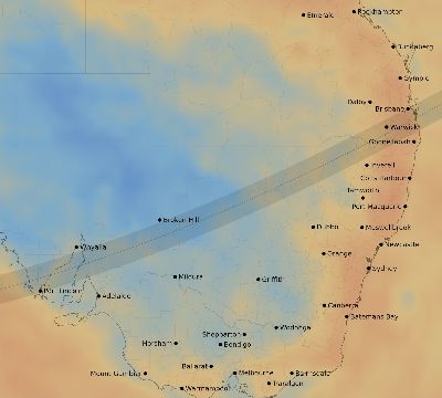 Map of the average cloud coverage across Australia for the solar eclipse of 01/27/2093