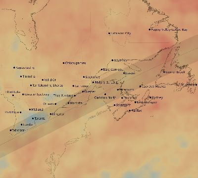 Map of the average cloud coverage across Canada for the solar eclipse of 07/23/2093