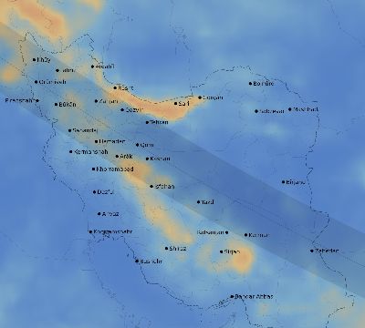 Map of the average cloud coverage across Iran for the solar eclipse of 07/23/2093