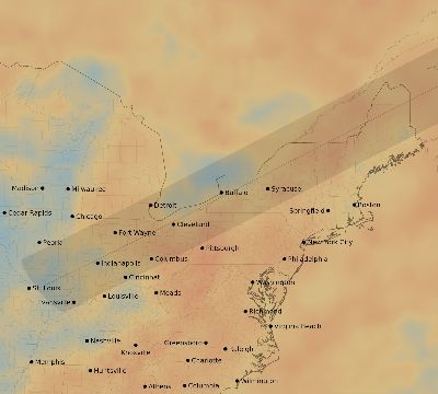 Map of the average cloud coverage across United States for the solar eclipse of 07/23/2093