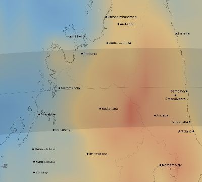 Map of the average cloud coverage across Madagascar for the solar eclipse of 06/02/2095