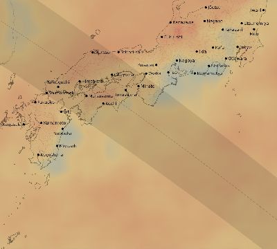 Map of the average cloud coverage across Japan for the solar eclipse of 11/27/2095