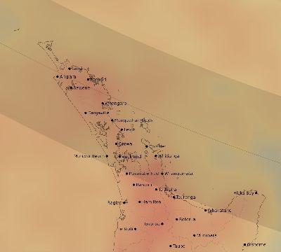 Map of the average cloud coverage across New Zealand for the solar eclipse of 11/15/2096
