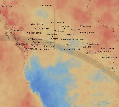 Map of the average cloud coverage across Canada for the solar eclipse of 09/14/2099
