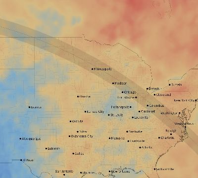 Map of the average cloud coverage across United States for the solar eclipse of 09/14/2099