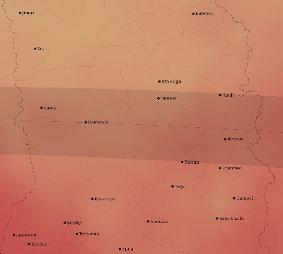 Map of the average cloud coverage across Ghana for the solar eclipse of 09/04/2100
