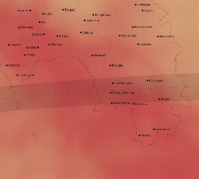 Map of the average cloud coverage across Guinea for the solar eclipse of 09/04/2100