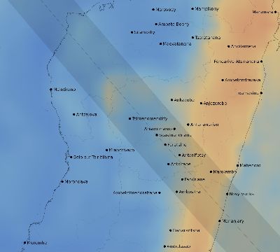 Map of the average cloud coverage across Madagascar for the solar eclipse of 09/04/2100