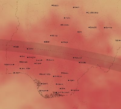 Map of the average cloud coverage across Nigeria for the solar eclipse of 09/04/2100