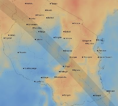 Map of the average cloud coverage across Tanzania for the solar eclipse of 09/04/2100