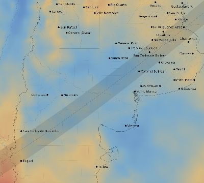 Map of the average cloud coverage across Argentina for the solar eclipse of 01/08/2103