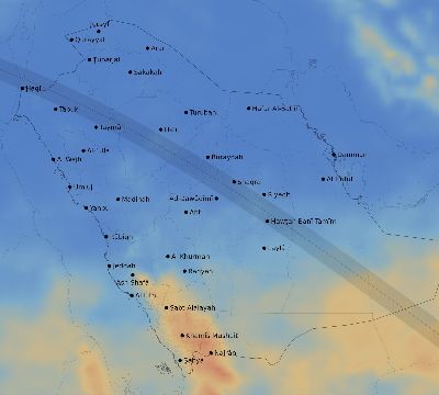 Map of the average cloud coverage across Saudi Arabia for the solar eclipse of 07/04/2103