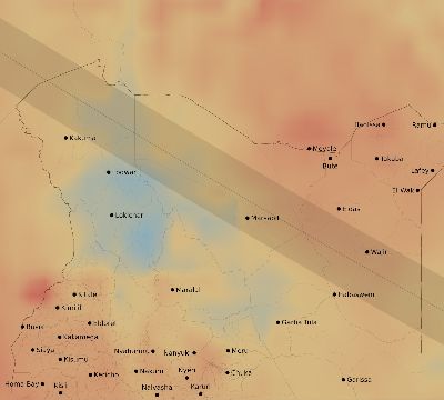 Map of the average cloud coverage across Kenya for the solar eclipse of 10/16/2107