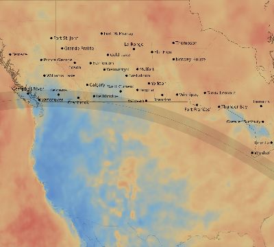 Map of the average cloud coverage across Canada for the solar eclipse of 08/04/2111