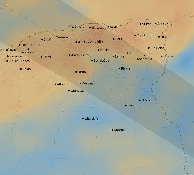 Map of the average cloud coverage across Algeria for the solar eclipse of 12/08/2113