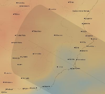 Map of the average cloud coverage across Spain for the solar eclipse of 12/08/2113