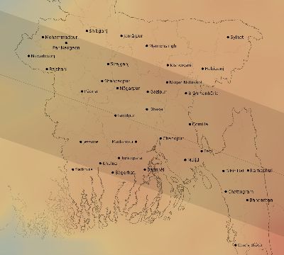Map of the average cloud coverage across Bangladesh for the solar eclipse of 06/03/2114