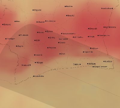 Map of the average cloud coverage across Côte d'Ivoire (Ivory Coast) for the solar eclipse of 11/27/2114