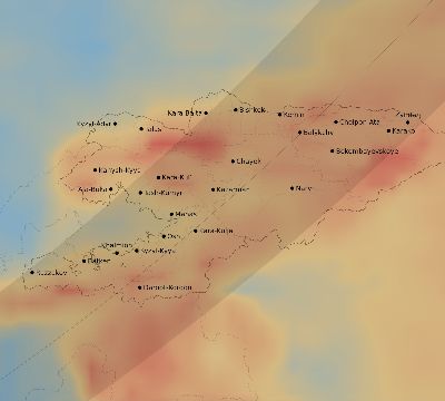 Map of the average cloud coverage across Kyrgyzstan for the solar eclipse of 05/24/2115