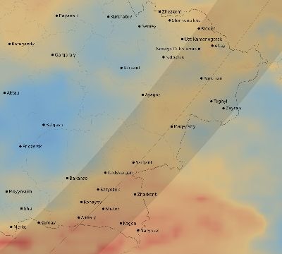 Map of the average cloud coverage across Kazakhstan for the solar eclipse of 05/24/2115