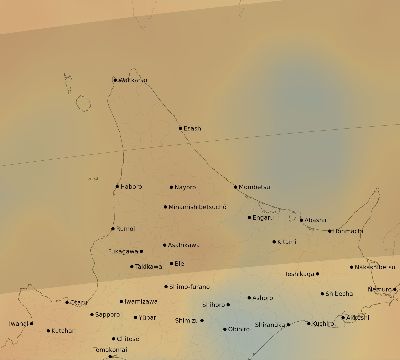 Map of the average cloud coverage across Japan for the solar eclipse of 03/22/2118