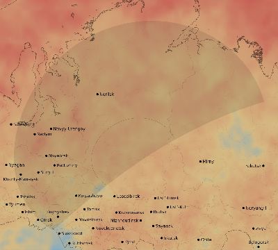 Map of the average cloud coverage across Russia for the solar eclipse of 07/25/2120