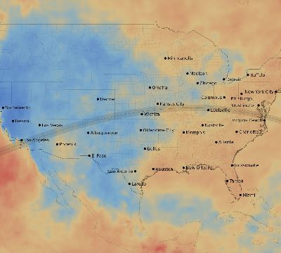 Map of the average cloud coverage across United States for the solar eclipse of 07/14/2121
