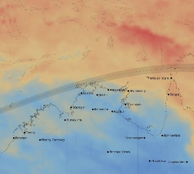 Map of the average cloud coverage across Australia for the solar eclipse of 07/04/2122