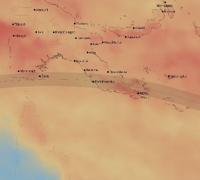 Map of the average cloud coverage across Papua New Guinea for the solar eclipse of 07/04/2122