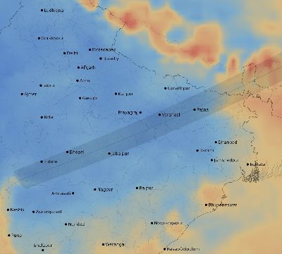 Map of the average cloud coverage across India for the solar eclipse of 05/14/2124