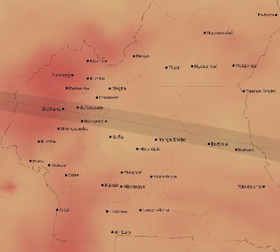 Map of the average cloud coverage across Cameroon for the solar eclipse of 05/03/2125