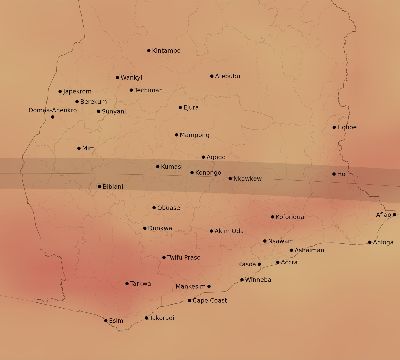Map of the average cloud coverage across Ghana for the solar eclipse of 05/03/2125
