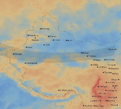 Map of the average cloud coverage across China for the solar eclipse of 10/16/2126