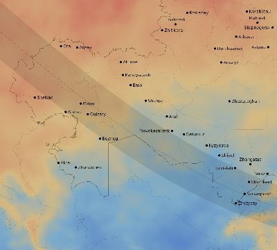 Map of the average cloud coverage across Kazakhstan for the solar eclipse of 10/16/2126