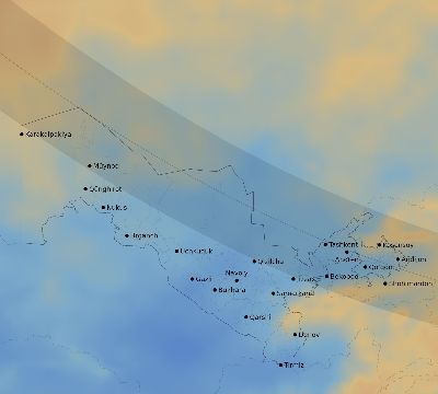 Map of the average cloud coverage across Uzbekistan for the solar eclipse of 10/16/2126