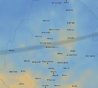 Map of the average cloud coverage across Ethiopia for the solar eclipse of 03/01/2128
