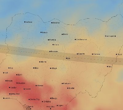 Map of the average cloud coverage across Nigeria for the solar eclipse of 03/01/2128